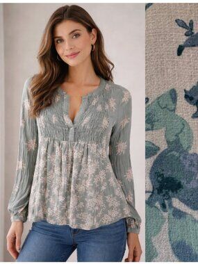 Lucky Brand Blue & White Floral Peasant Blouse Size M
